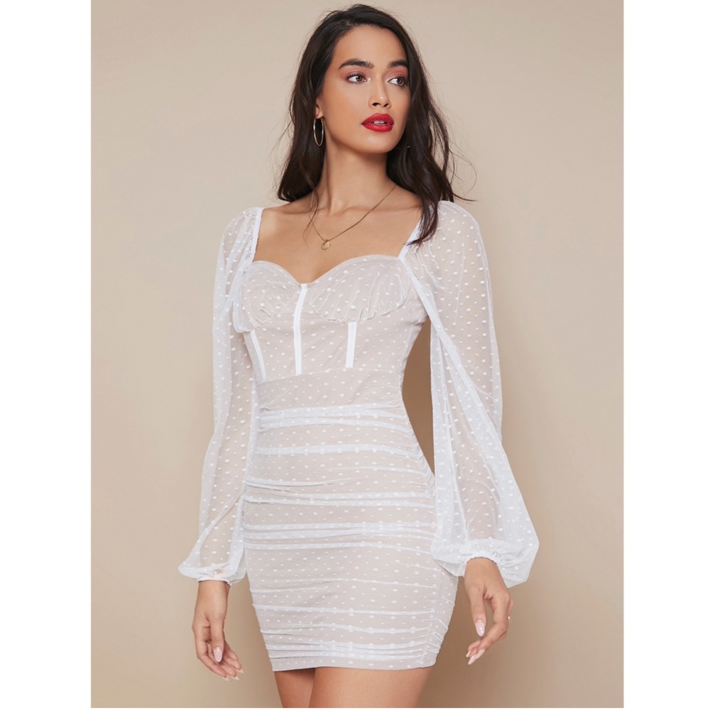 White on Nude Sweetheart Neck Mini Dress - Picture 3 of 8